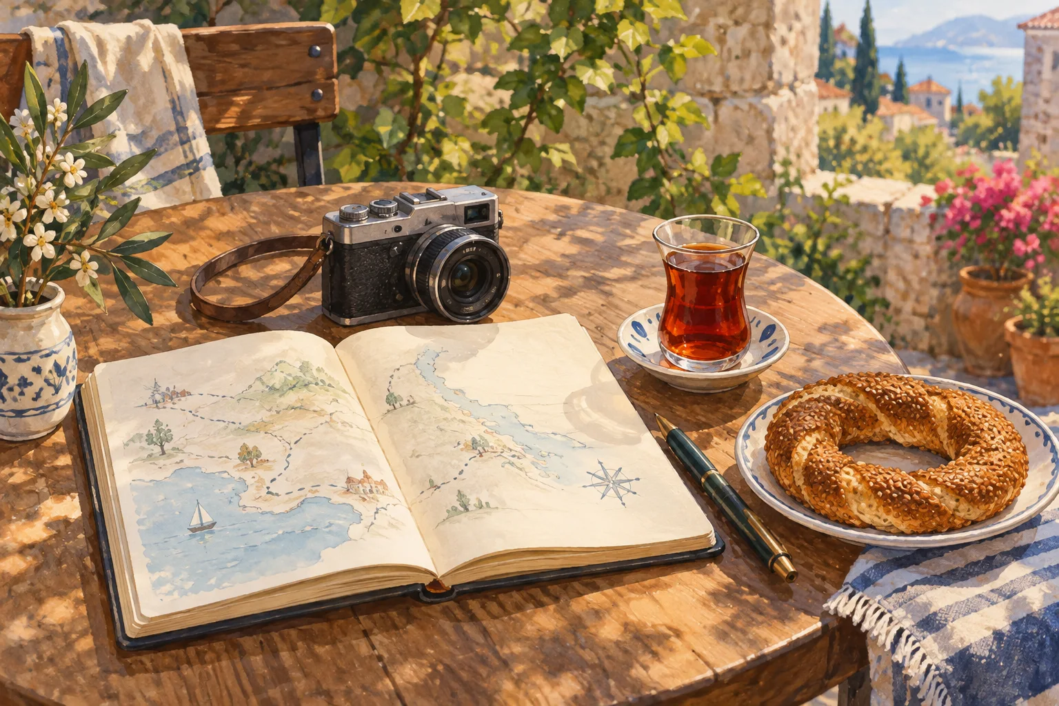 Gezi defteri, fotoğraf makinesi ve çayla Ankara rotasında bir mola fikrini anlatan illüstrasyon.