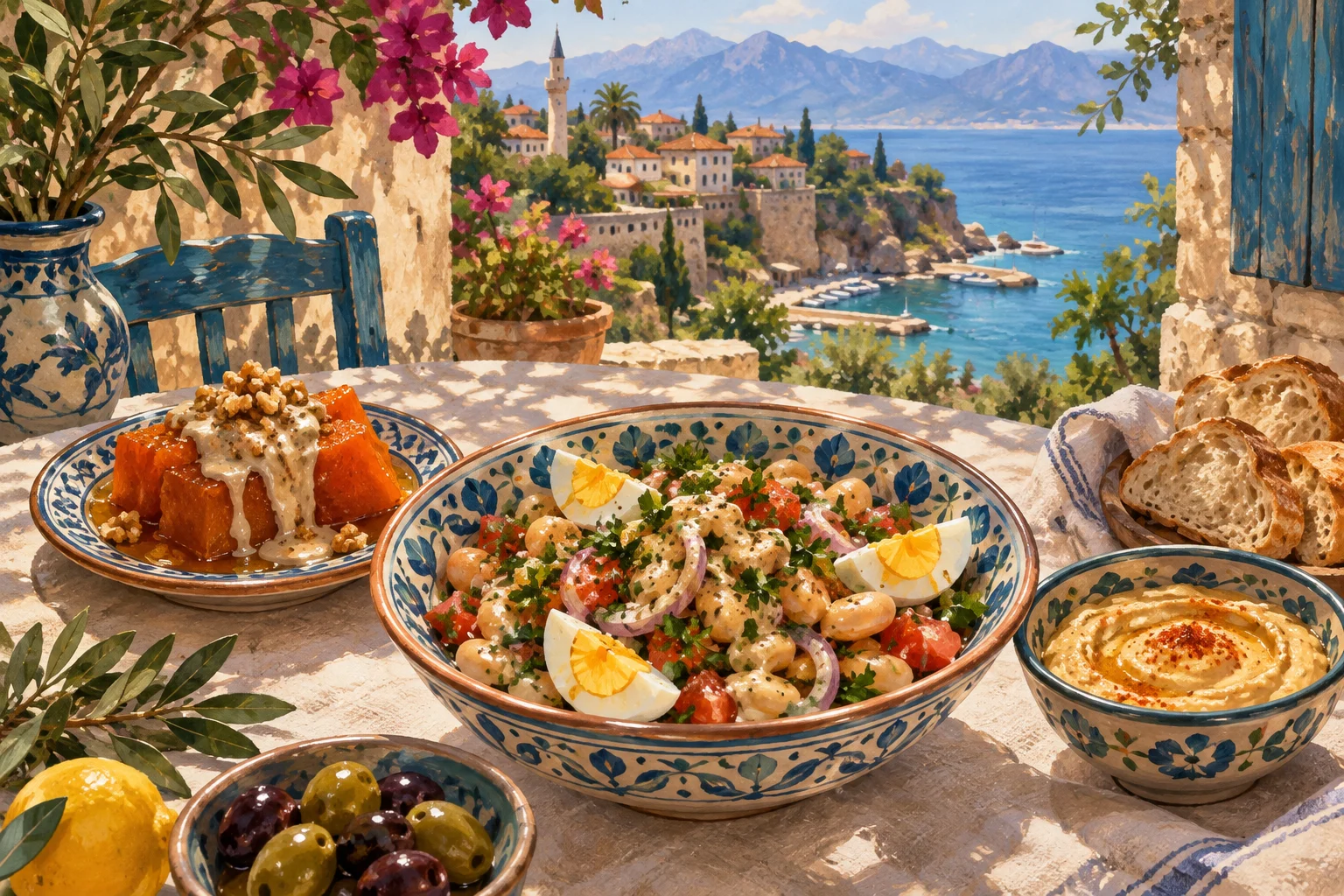 Antalya-inspired food illustration with tahini white bean piyaz, pumpkin dessert and hibeş dip.