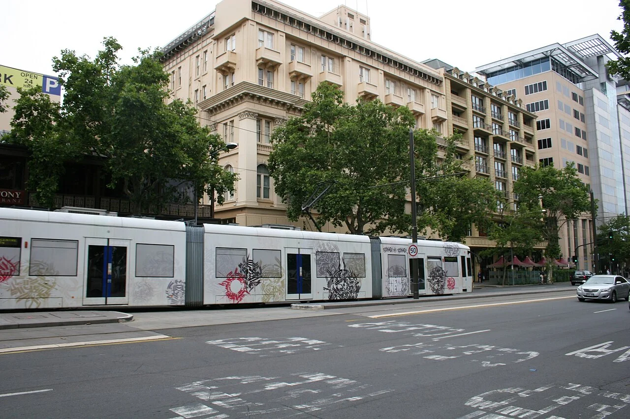 Adelaide tram on North Terrace, 2010; not evidence of current service