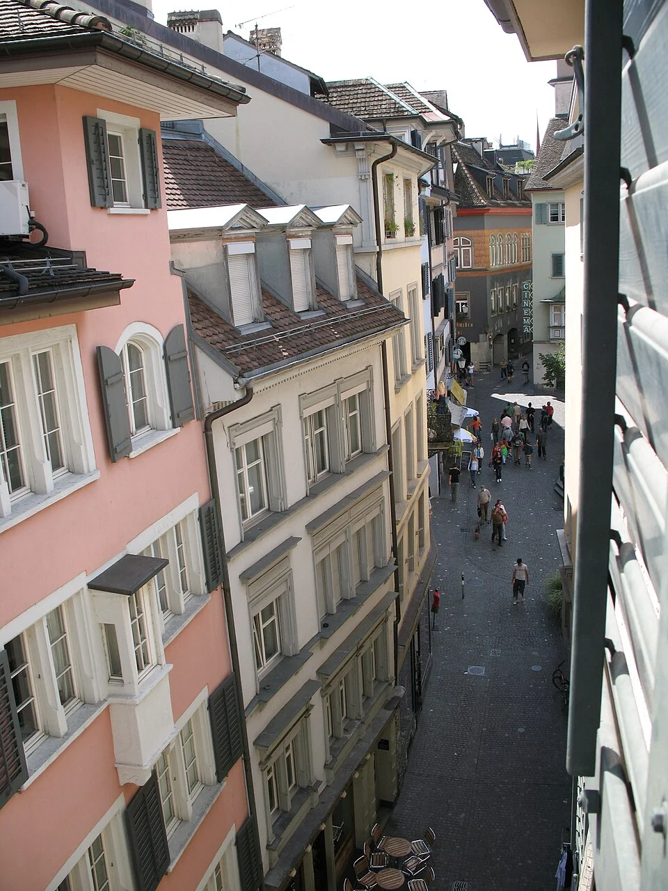 Historic facades along narrow Niederdorfstrasse in Zurich; July 2007.