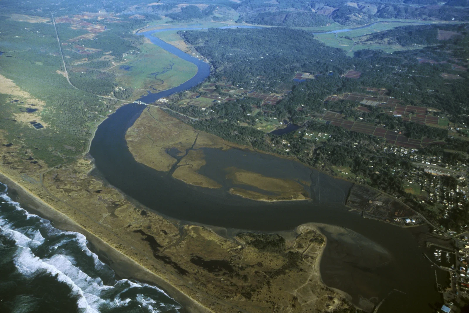 Archive aerial view of Bandon Marsh and the Coquille estuary