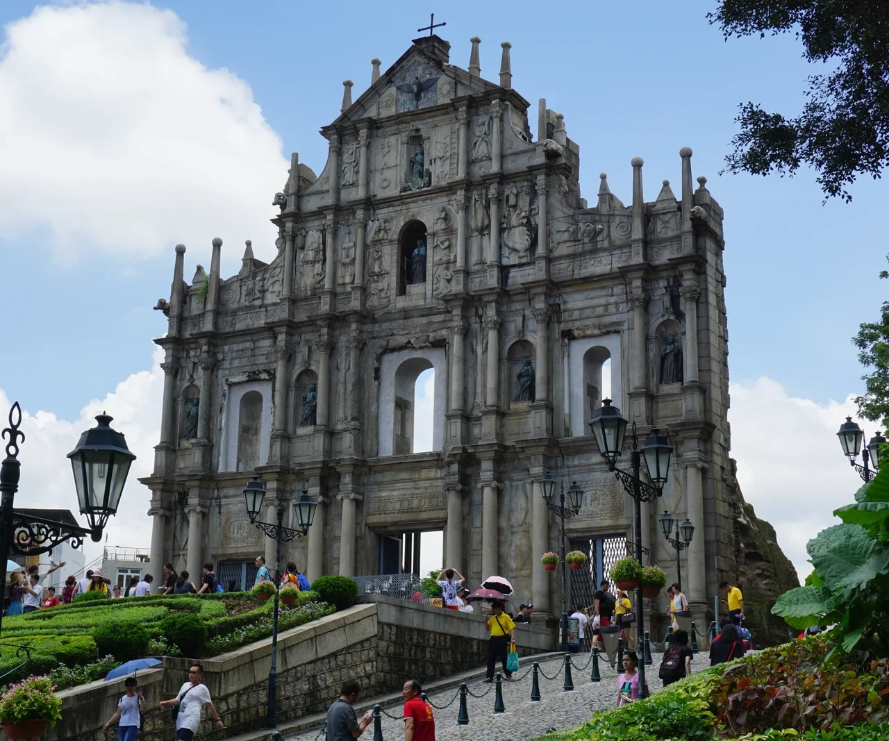 Stone facade of the Ruins of St Paul’s and the garden in front in Macao