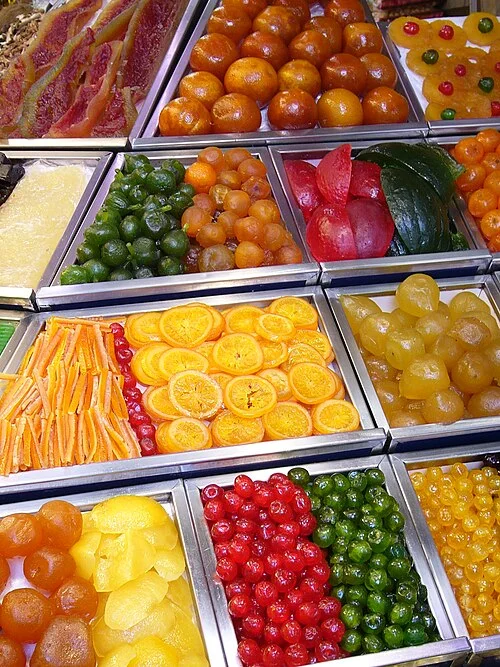 Candied fruit at Barcelona La Boqueria market, archival photograph from January 2008