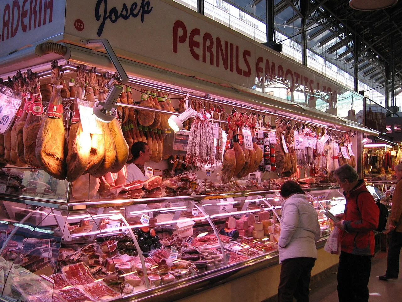 Charcuterie at Barcelona La Boqueria market, archival photograph from March 2007