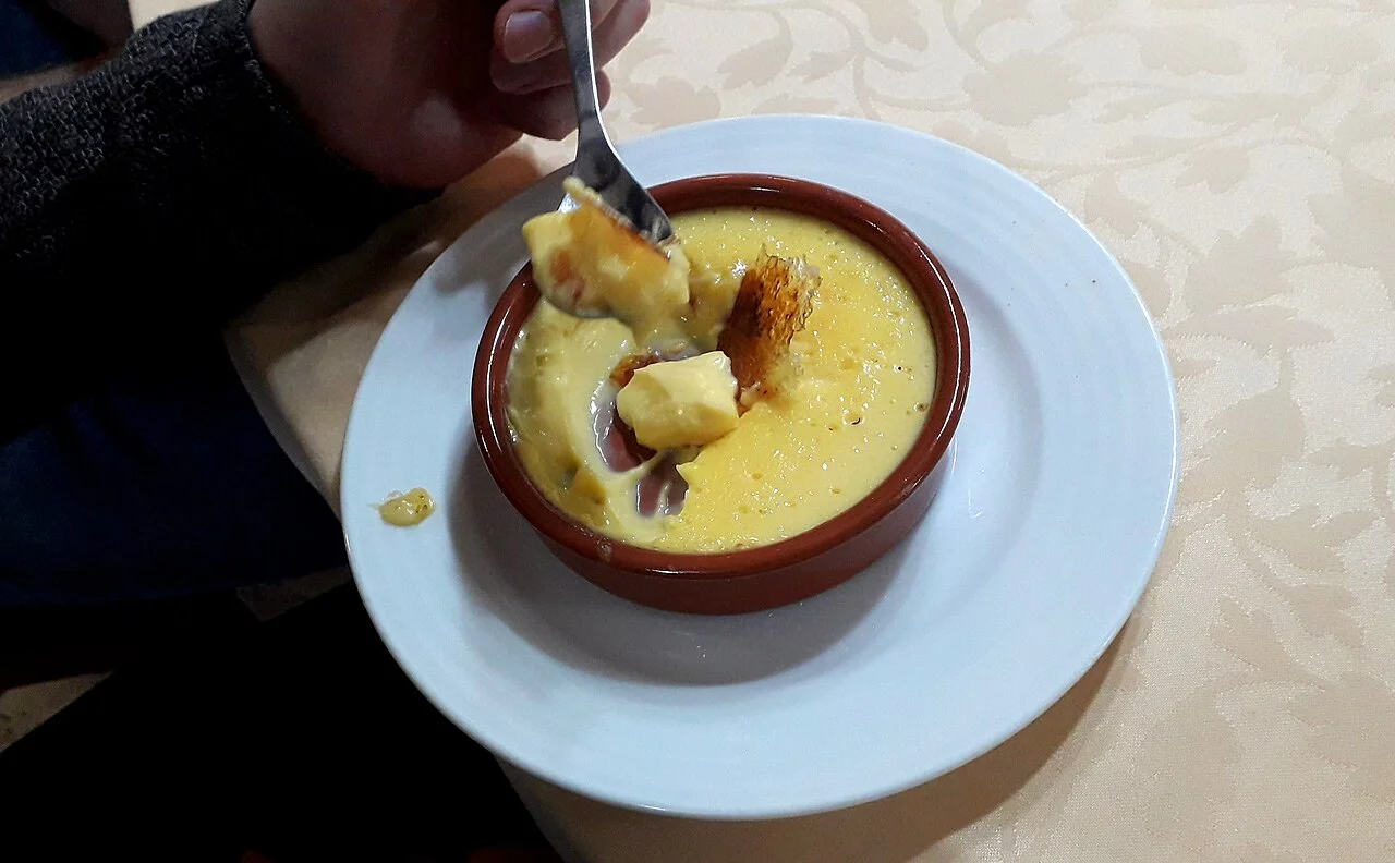 Crema catalana in a Cervera restaurant, December 2019; Catalan dessert illustration photographed outside Barcelona