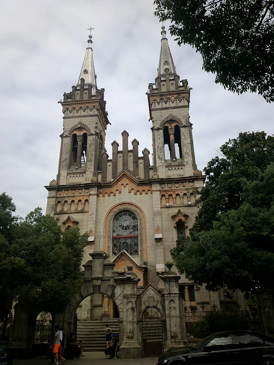 Historic twin-towered exterior of Batumi Cathedral of the Mother of God; August 2017.