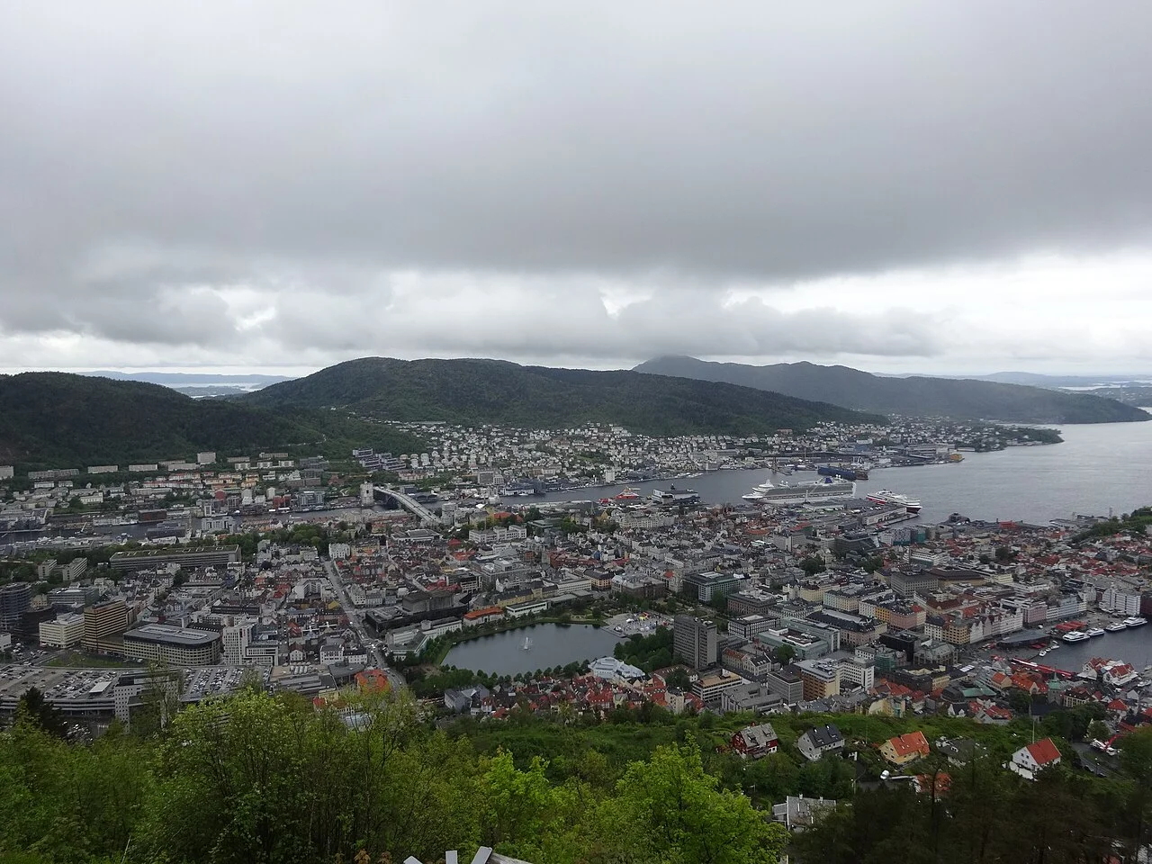 Cloudy view over Bergen centre and harbour from Fløyen; photograph taken 18 June 2015.
