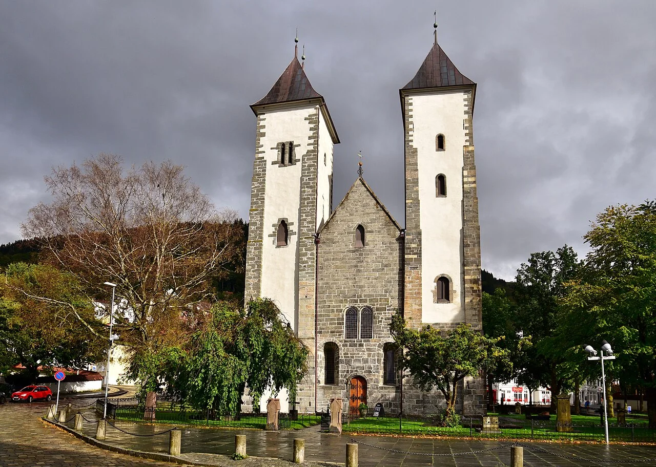 Twin-towered western façade of St Mary’s Church, Bergen; photograph taken 1 September 2019.