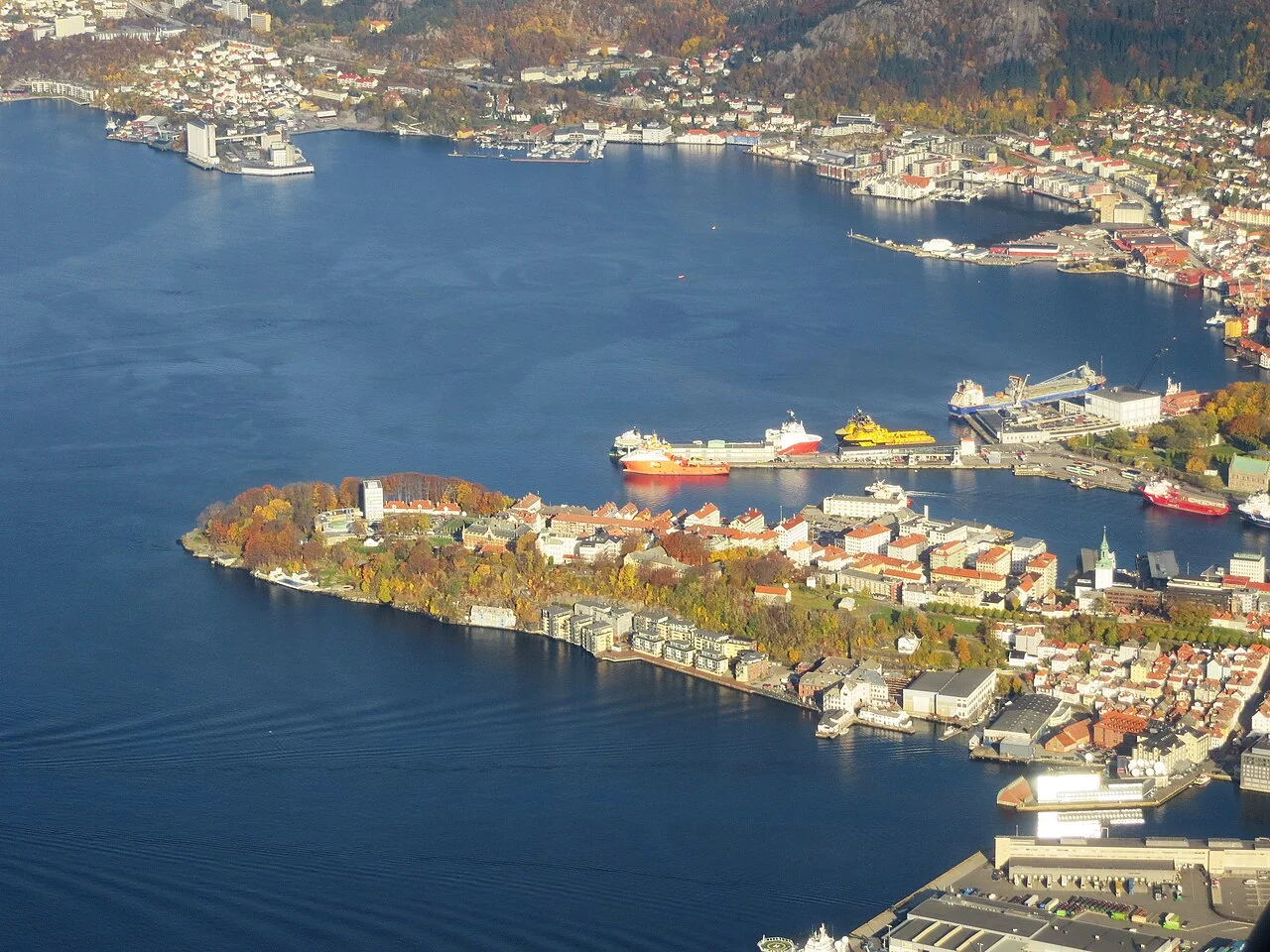 Aerial view of Bergen Nordnes peninsula; photograph taken 22 October 2012.