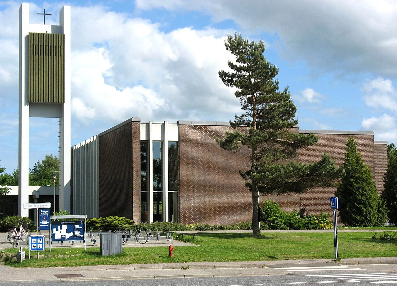Exterior and bell tower of Billund Kirke church; archive photograph taken 3 June 2007.