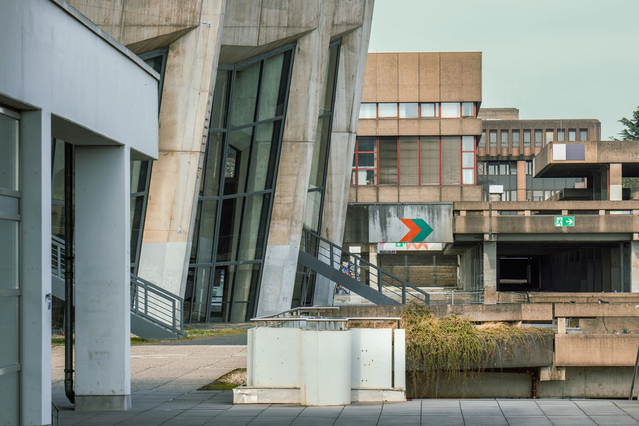 Contemporary concrete structures and an open square in Bochum