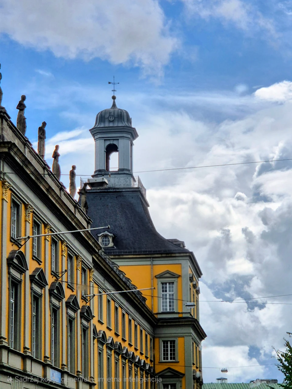 A yellow historic facade and turreted roof in Bonn