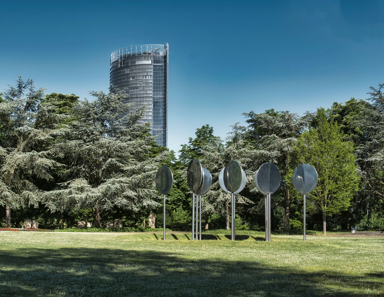 The Post Tower seen from parkland in Bonn