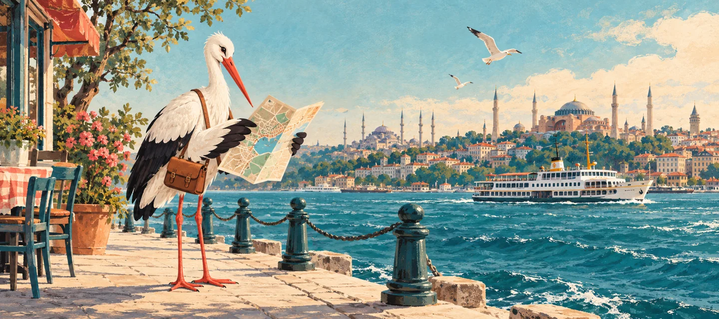 Kadıköy kıyısında harita inceleyen leylek maskotu illüstrasyonu