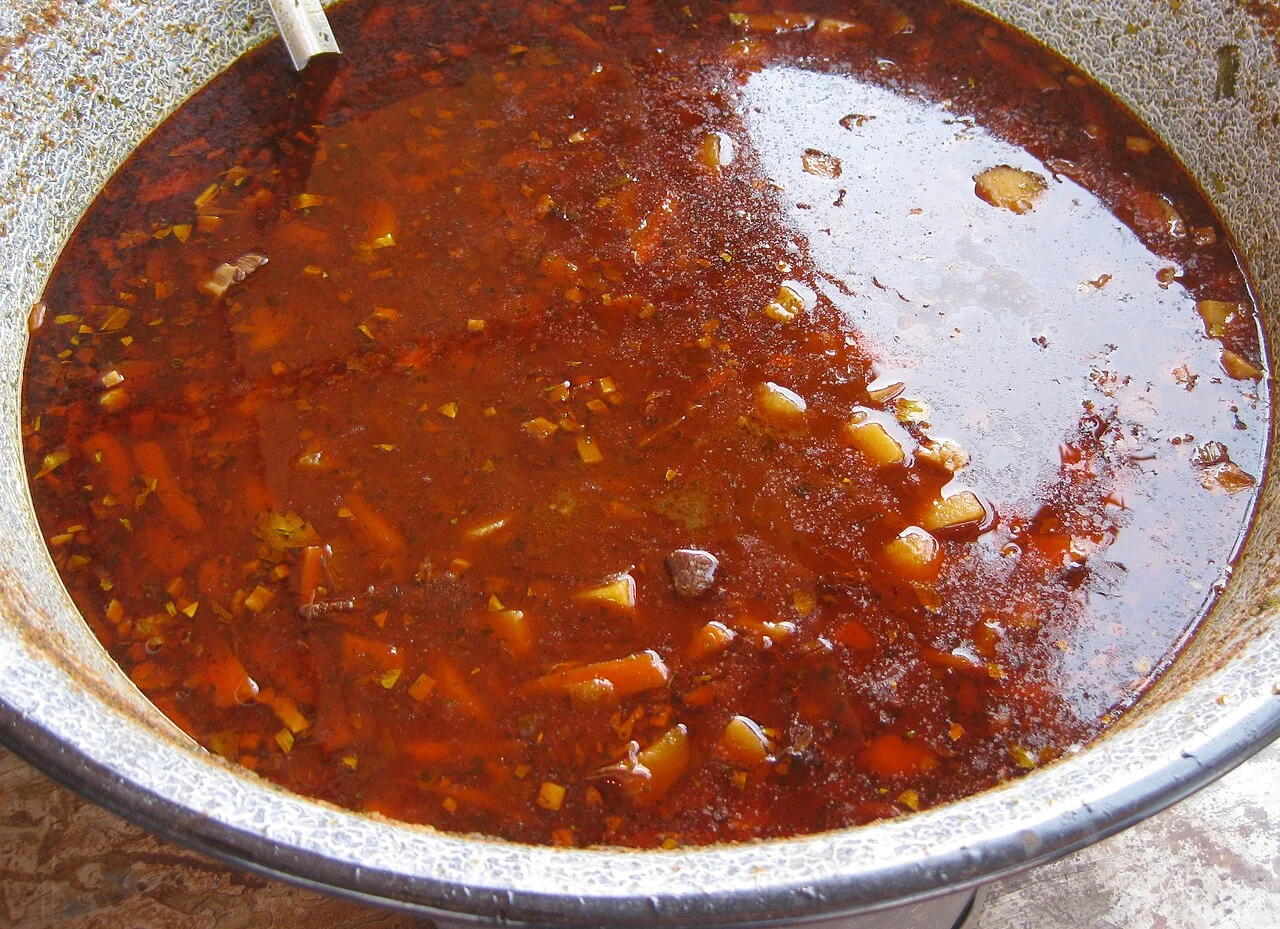 Gulyás soup cooking in a cauldron in Budapest, 2012