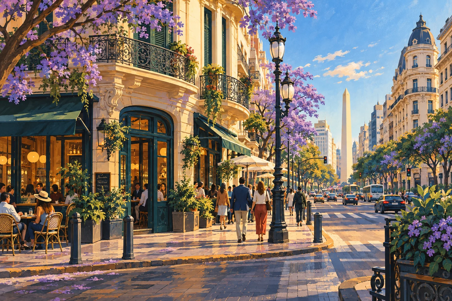 Buenos Aires-inspired illustration with balconies, flowering trees and the distant Obelisco.