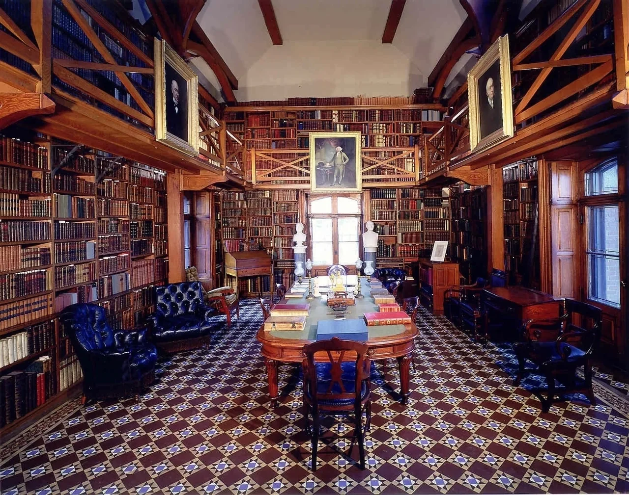 Archival historic bookshelves,table and chairs inside the Stone Library in Quincy