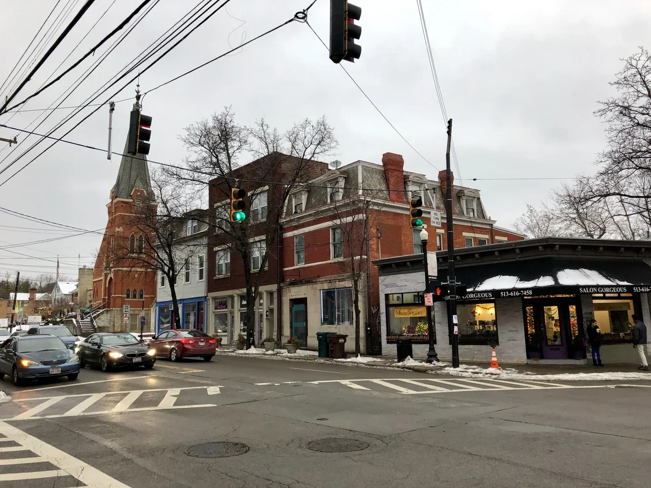 Historic buildings on Hamilton Avenue in an archive winter view