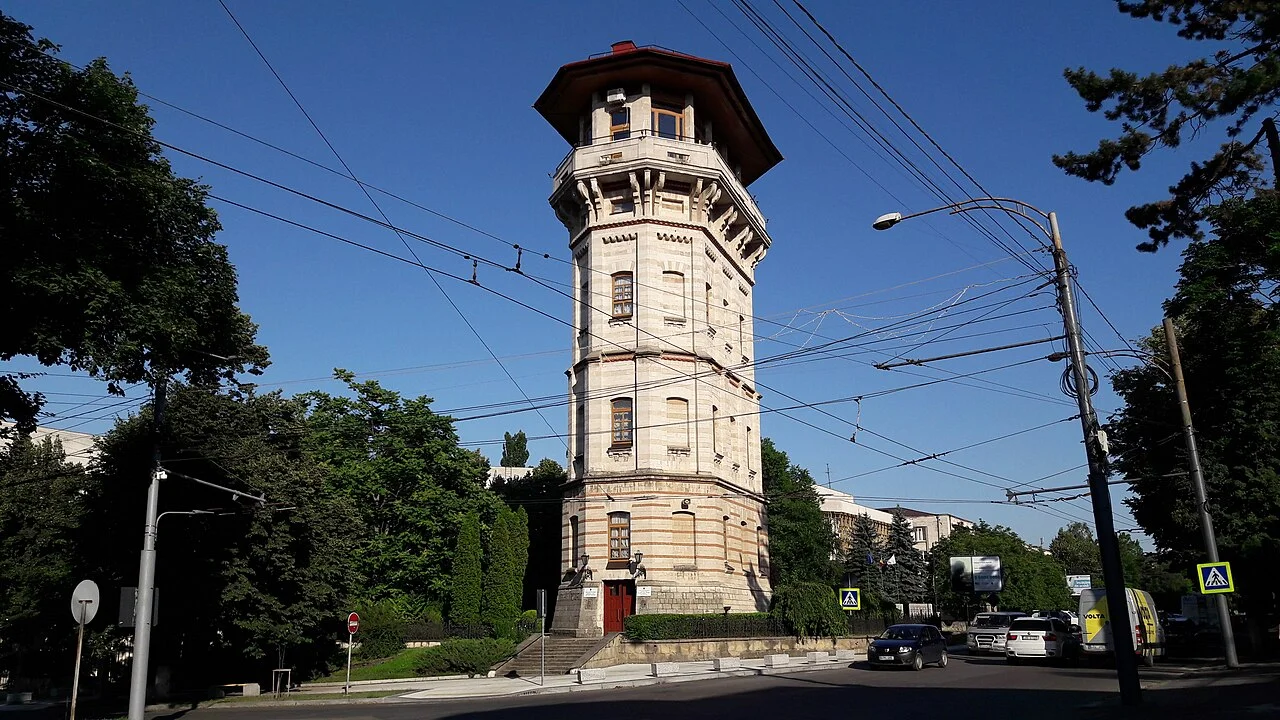 Exterior of the Chișinău Water Tower and surrounding street; July 2021.