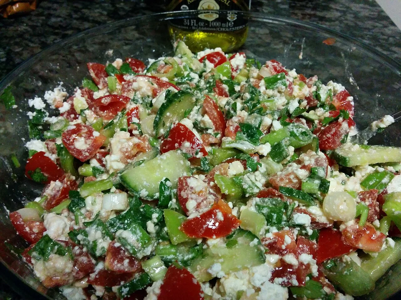 Shopska salad food example photographed in the United States, August 2012; not a Sofia restaurant.