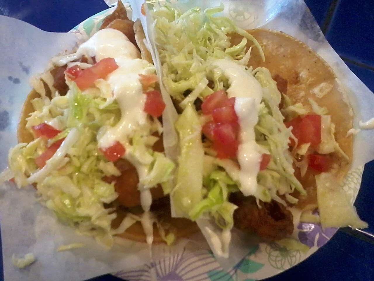 Fish tacos at TJ Oyster Bar in Bonita, San Diego County, 2015; version lightened by Hohum