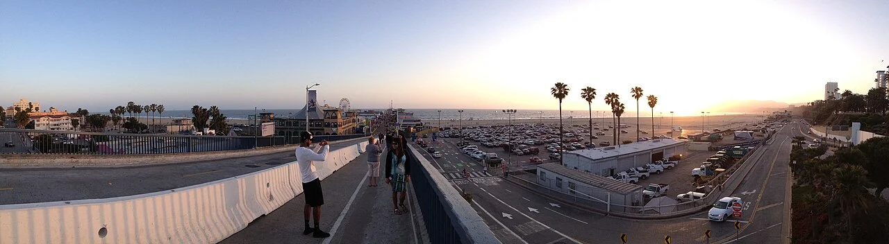 Panorama of the beachfront and pedestrian passage around Santa Monica Pier, 2013