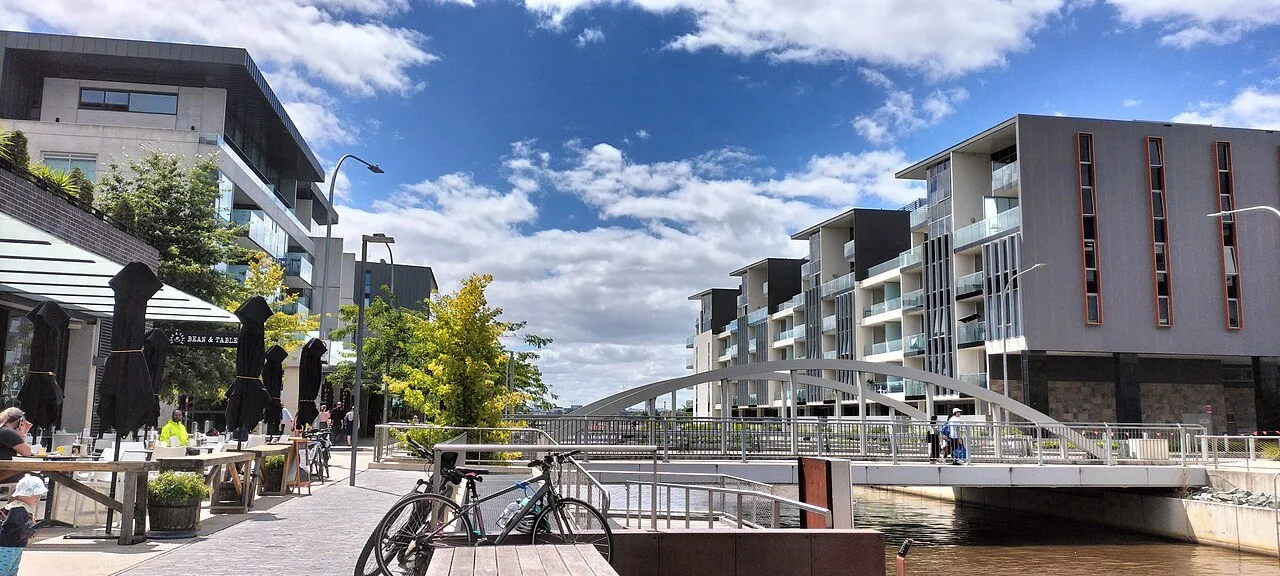 Walkway and canal surroundings at Kingston Foreshore, Canberra, 2022