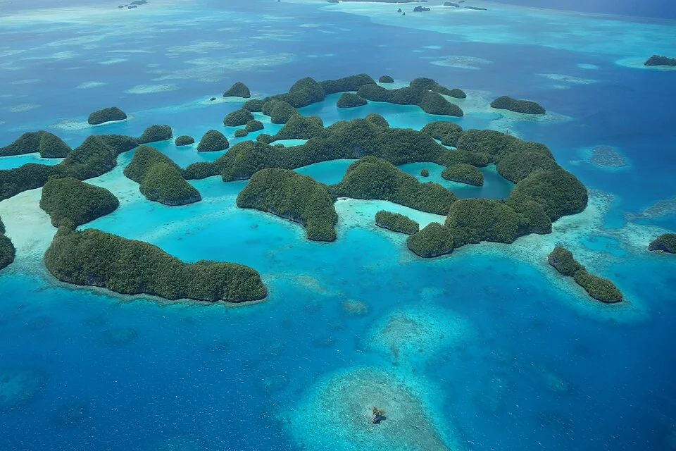 Aerial view of islands in the Ngerukewid protected area, Palau