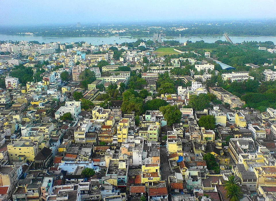 City view towards the Kaveri River and Srirangam from Rockfort, Tiruchirappalli