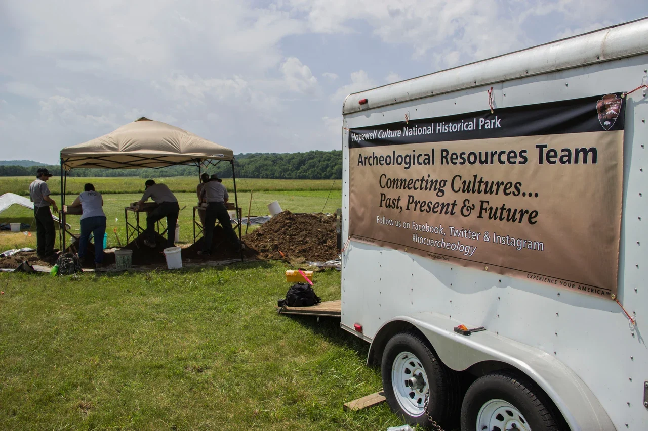 Hopewell Culture archaeology team trailer and historical field work