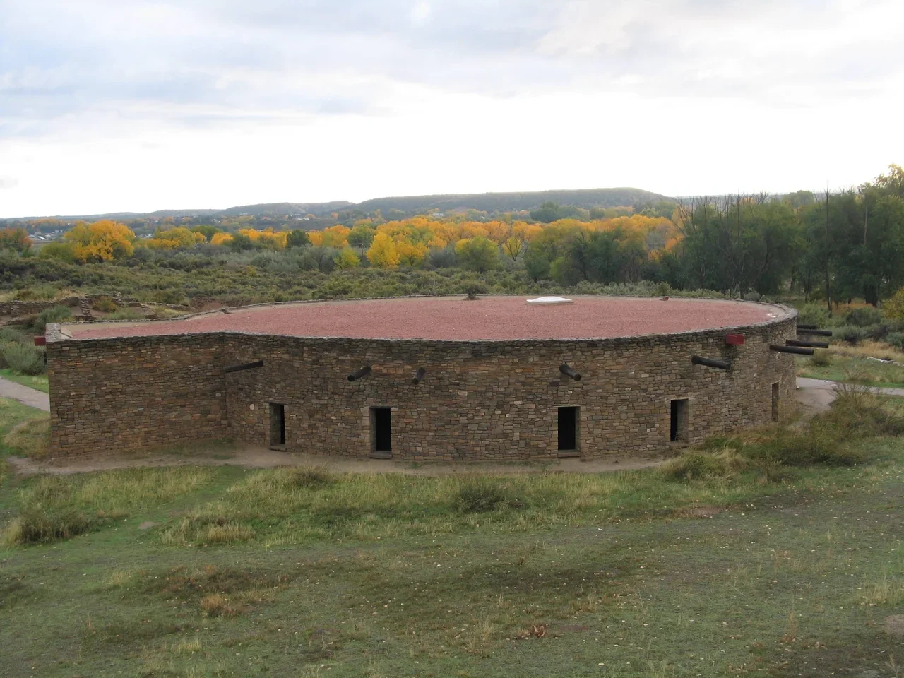 Archival exterior of the reconstructed Great Kiva at Aztec Ruins east of Farmington