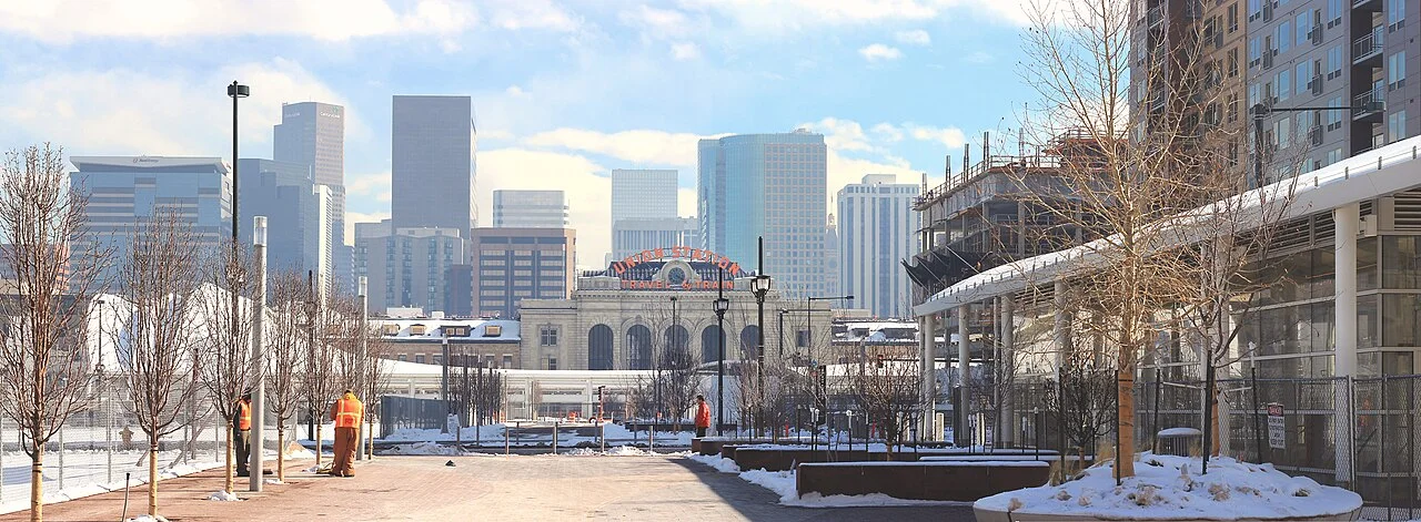 Rear of Denver Union Station in an archival winter photograph from 2014