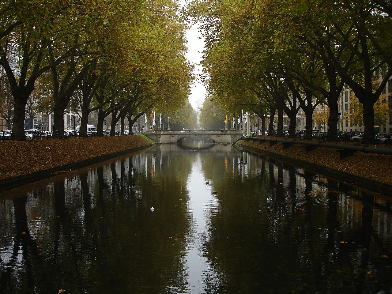 Tree and bridge reflections in Düsseldorf’s Königsallee canal, November 2010
