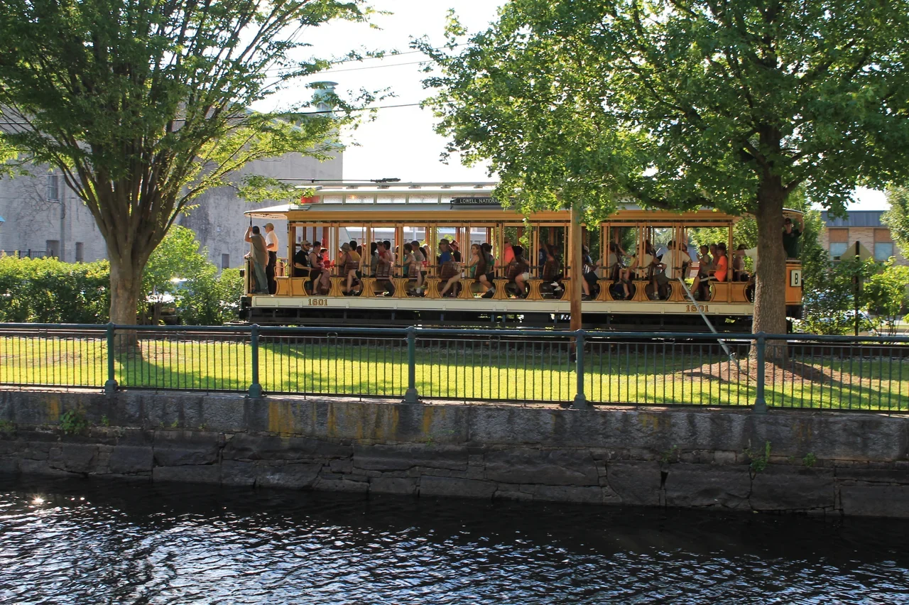 NPS archive view of a historic trolley near Lucy Larcom Park