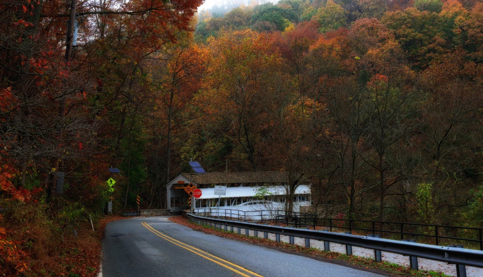 Covered bridge, road and autumn trees at Valley Forge