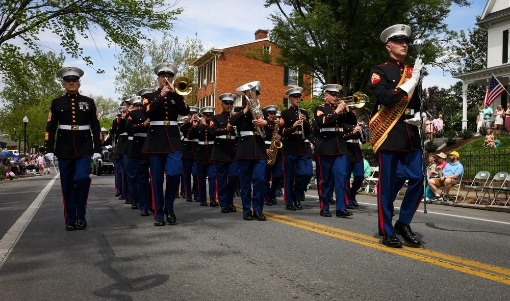 Band marching along the street at Winchester Apple Blossom parade, May 3, 2025 archive