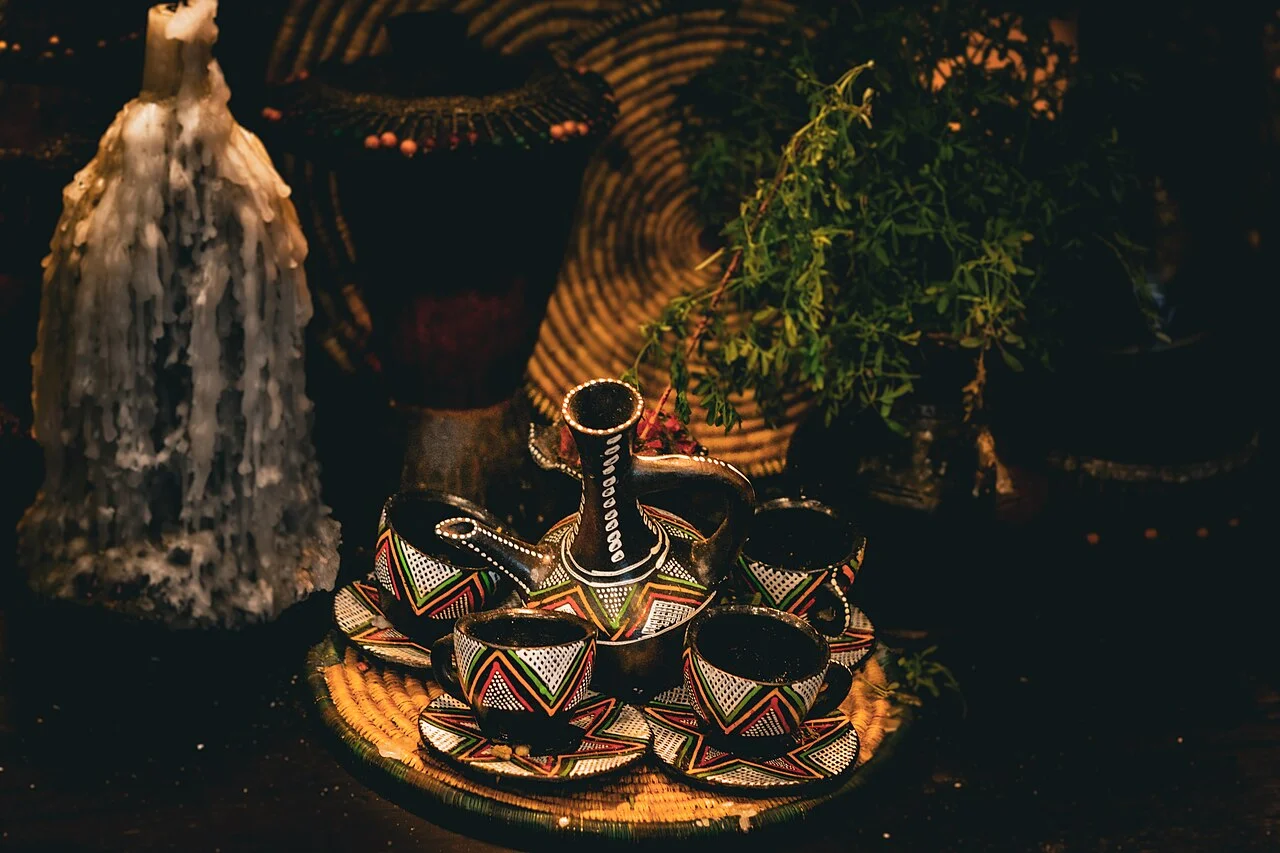 Jebena and cups in a coffee setting in Addis Ababa, 2022