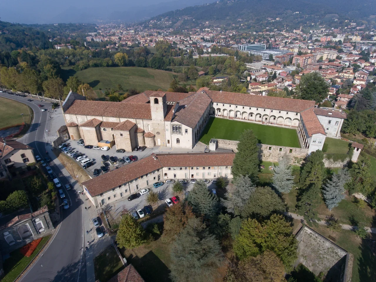 Aerial view of the University of Bergamo Sant’Agostino campus and courtyard, 2025