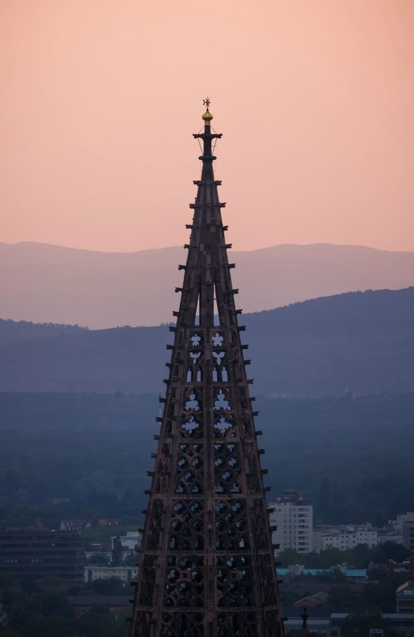 Freiburg Minster’s pointed tower at dusk