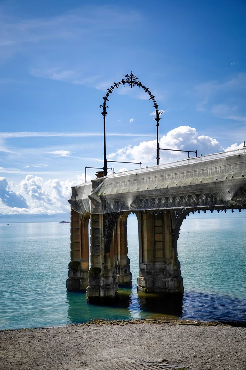 Pier and decorative lamp arch on the Friedrichshafen waterfront
