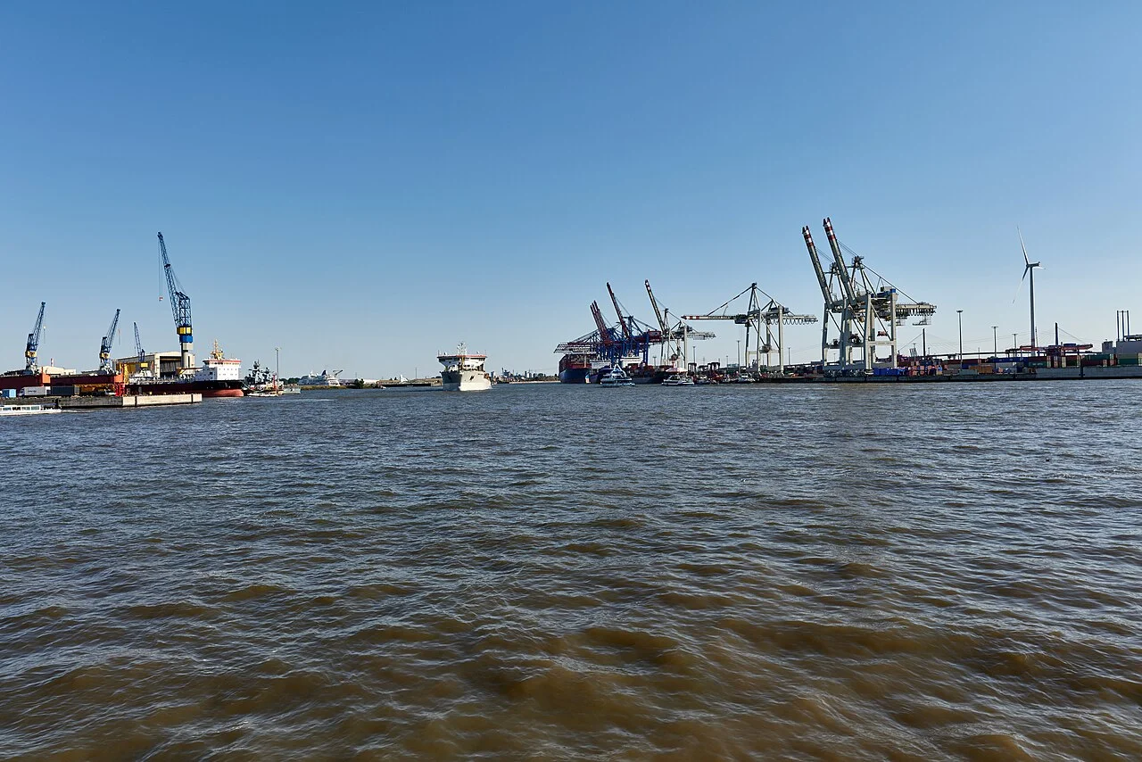 Hamburg harbour from a ferry between Landungsbrücken and Neumühlen, August 2022