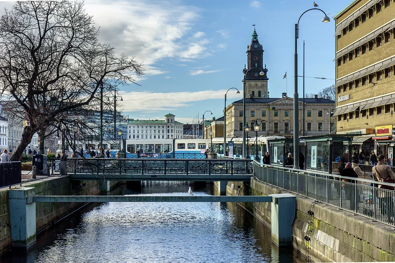 Brunnspaksbron bridge and canal in central Gothenburg; photograph taken 27 February 2023.