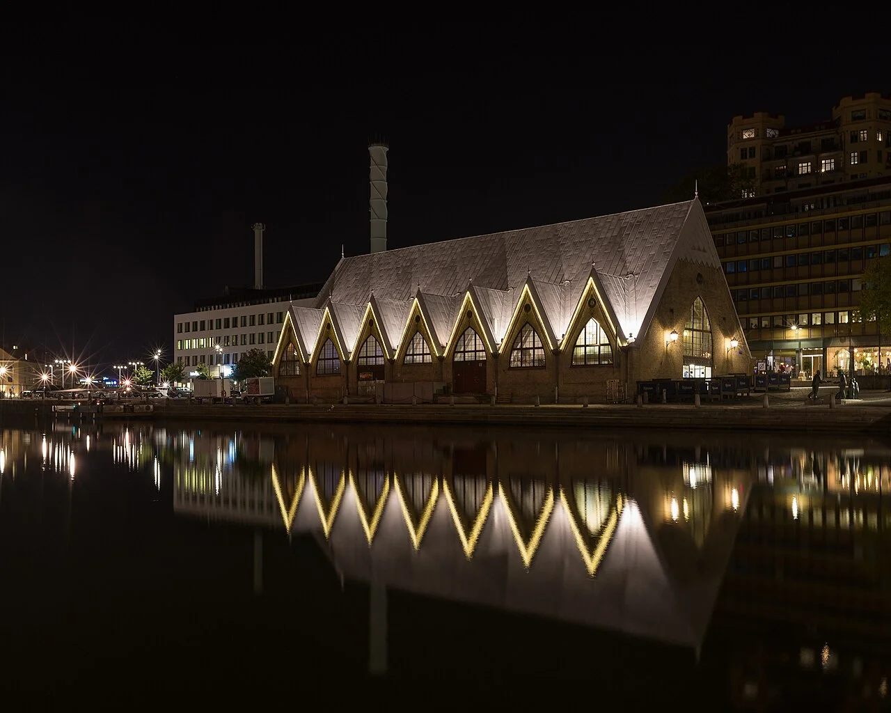Feskekörka building and night reflections in Gothenburg; exterior photograph taken 24 September 2016 before renovation.