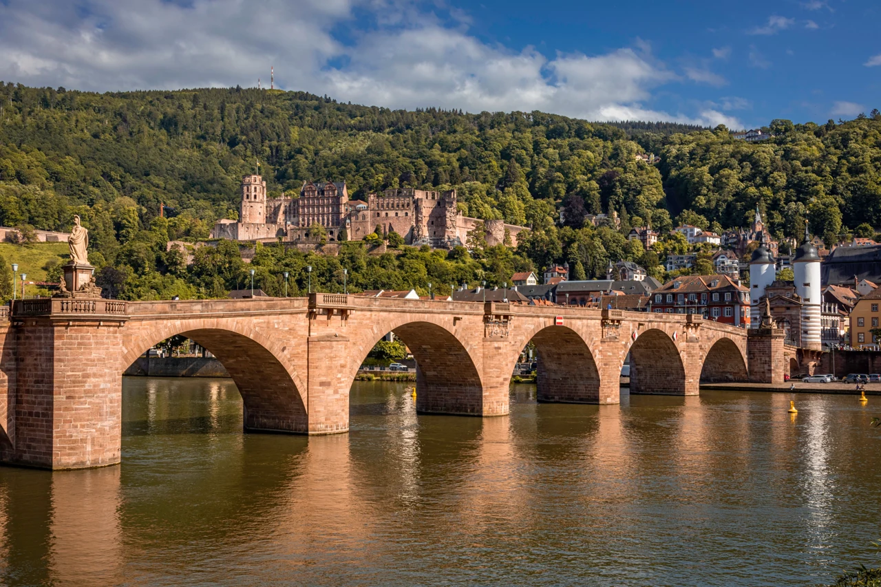 The Neckar, Old Bridge and hillside castle in Heidelberg