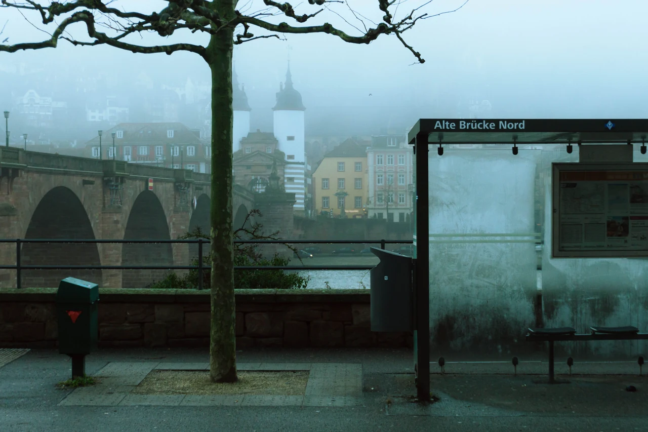 The northern approach and crossing at Alte Brücke in mist