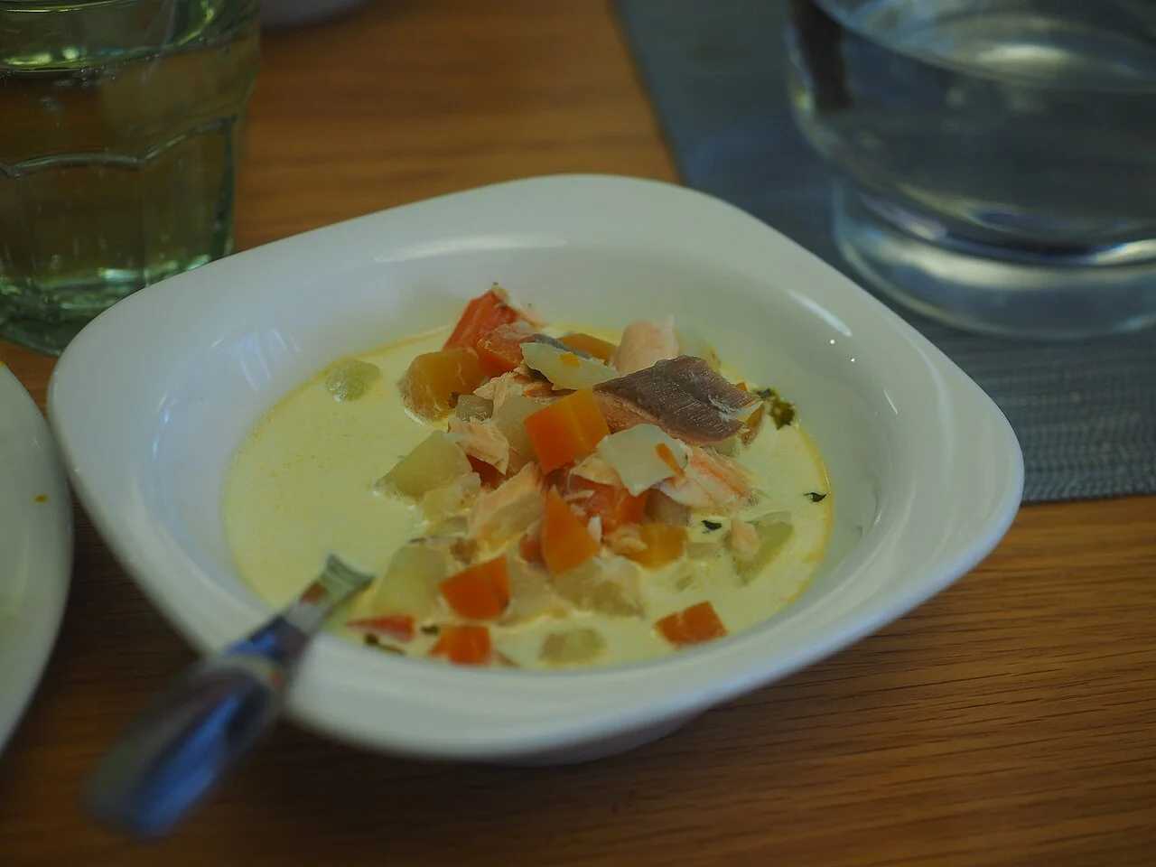 Salmon soup at Factory Hämeentie in Sörnäinen, Helsinki; not photographed in a market hall; JIP, 2025-04-08.