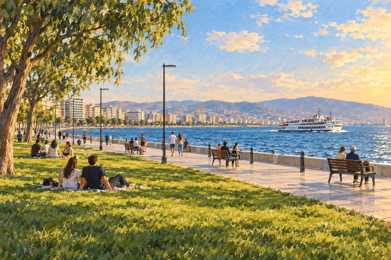 Kordon'da çimenler, yürüyüş yolu ve İzmir Körfezi'ndeki vapur illüstrasyonu.