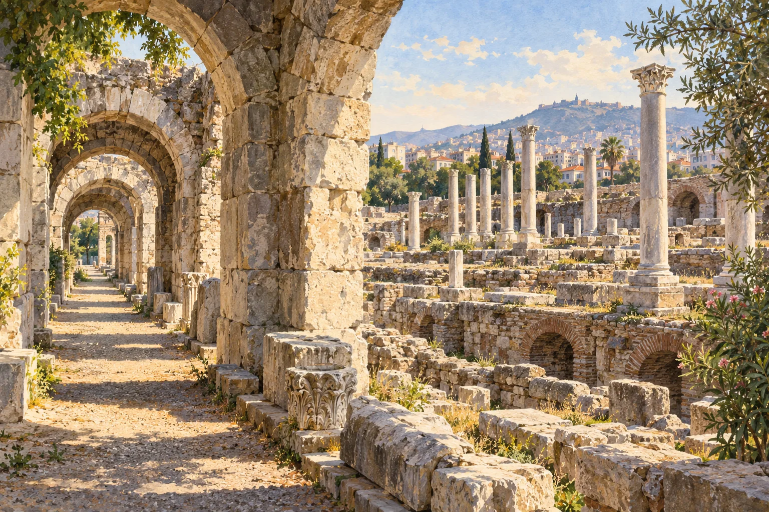 Smyrna Agorası'nın taş kemerleri ve antik kalıntılarından ilham alan illüstrasyon.