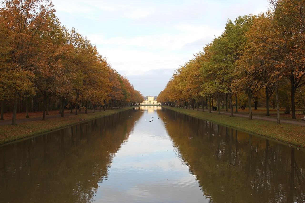 Autumn trees reflected in a water channel in Kassel’s Karlsaue park, photographed in November 2013.