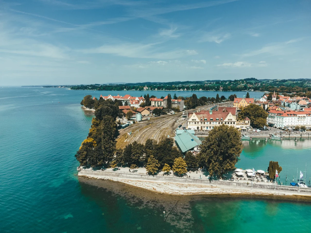 An aerial view of Lindau island harbour